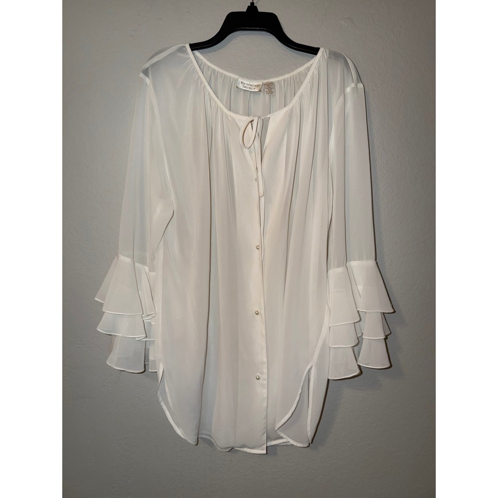 Vintage Victoria's Secret Gold Label Sheer White Ruffle Bell Sleeve Nightgown PS